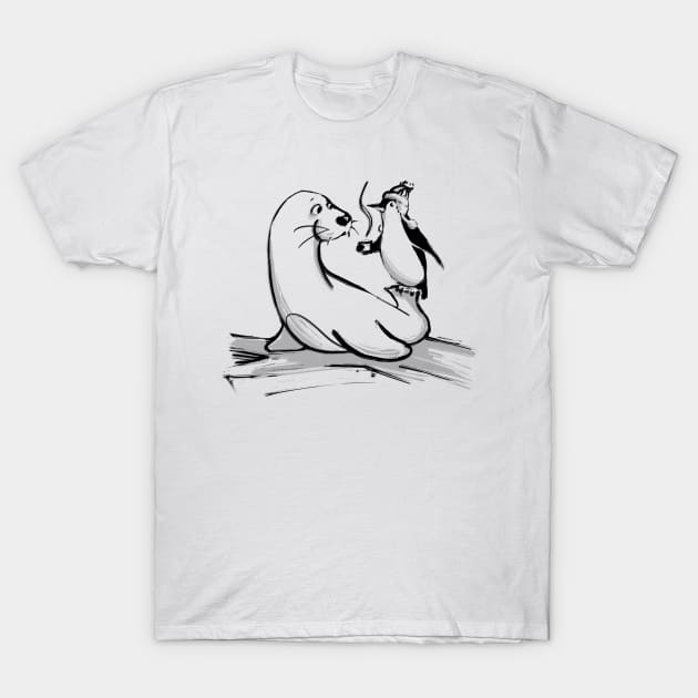 Penguin and seal coffee date T-Shirt by Jason's Doodles